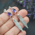srebrne kolczyki z ametystem i liściem paproci