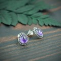 srebrne kolczyki z ametystem w ażurowej oprawie