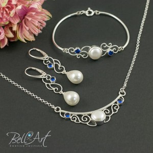 Komplet ślubny perły i szafirowe cyrkonie