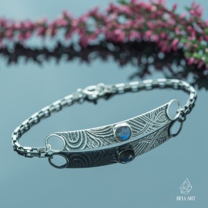 Srebrna bransoletka łańcuszek z labradorytem i wzorami