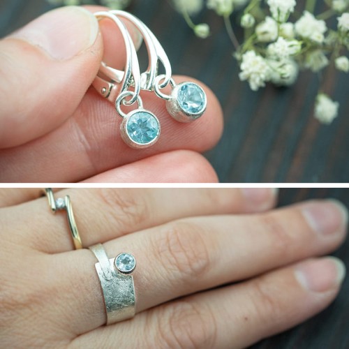 Pierścionek asymetryczny i kolczyki z topazem błękitnym