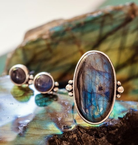 srebrny komplet z labradorytem i kuleczkami