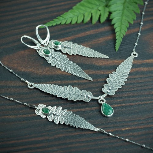komplet biżuterii liść paproci z awenturynem