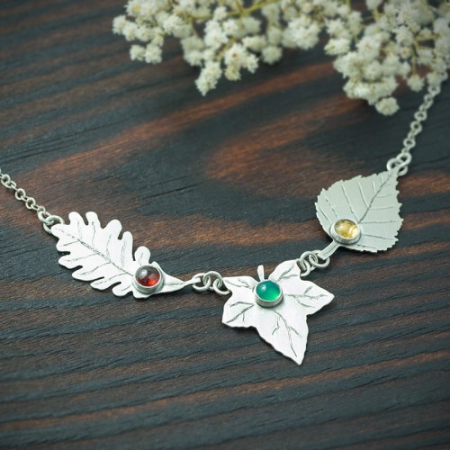 naszyjnik srebrne liście dąb brzoza bluszcz