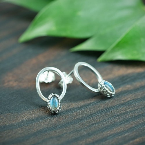 srebrne kolczyki sztyfty owalne z labradorytem