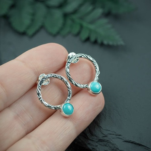 srebrne kolczyki okrągłe sztyfty flora z turkusem