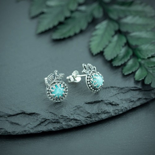 srebrne kolczyki sztyfty z amazonitem i listkami