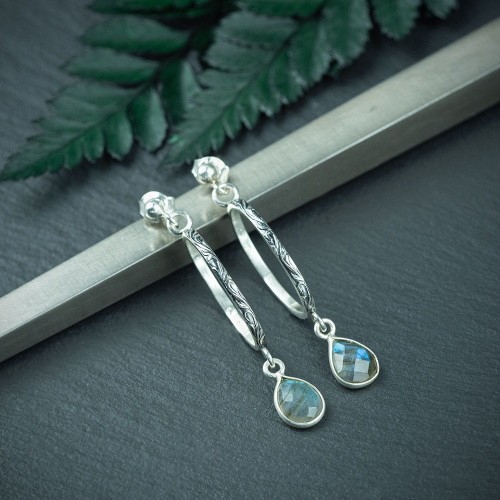 srebrne kolczyki owalne flora z fasetowanym labradorytem