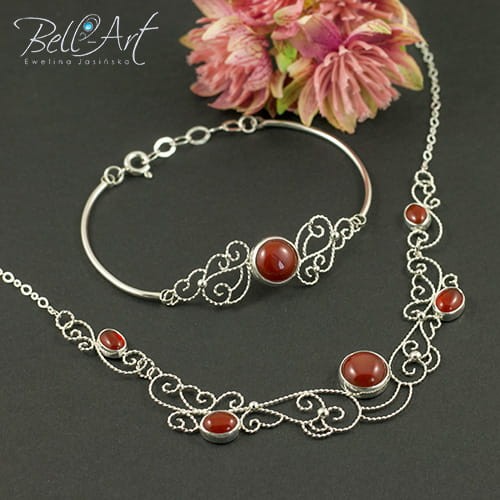 srebrny komplet z karneolem