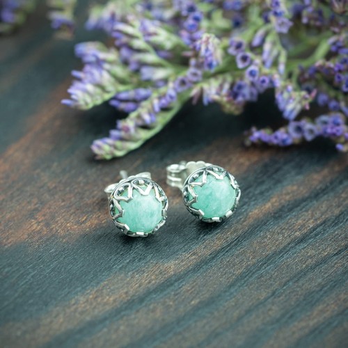 srebrne kolczyki sztyfty z amazonitem w ażurowej oprawie