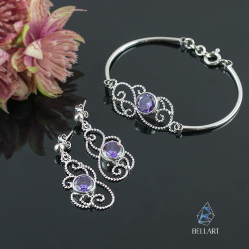 srebrny komplet ślubny z ametystową cyrkonią